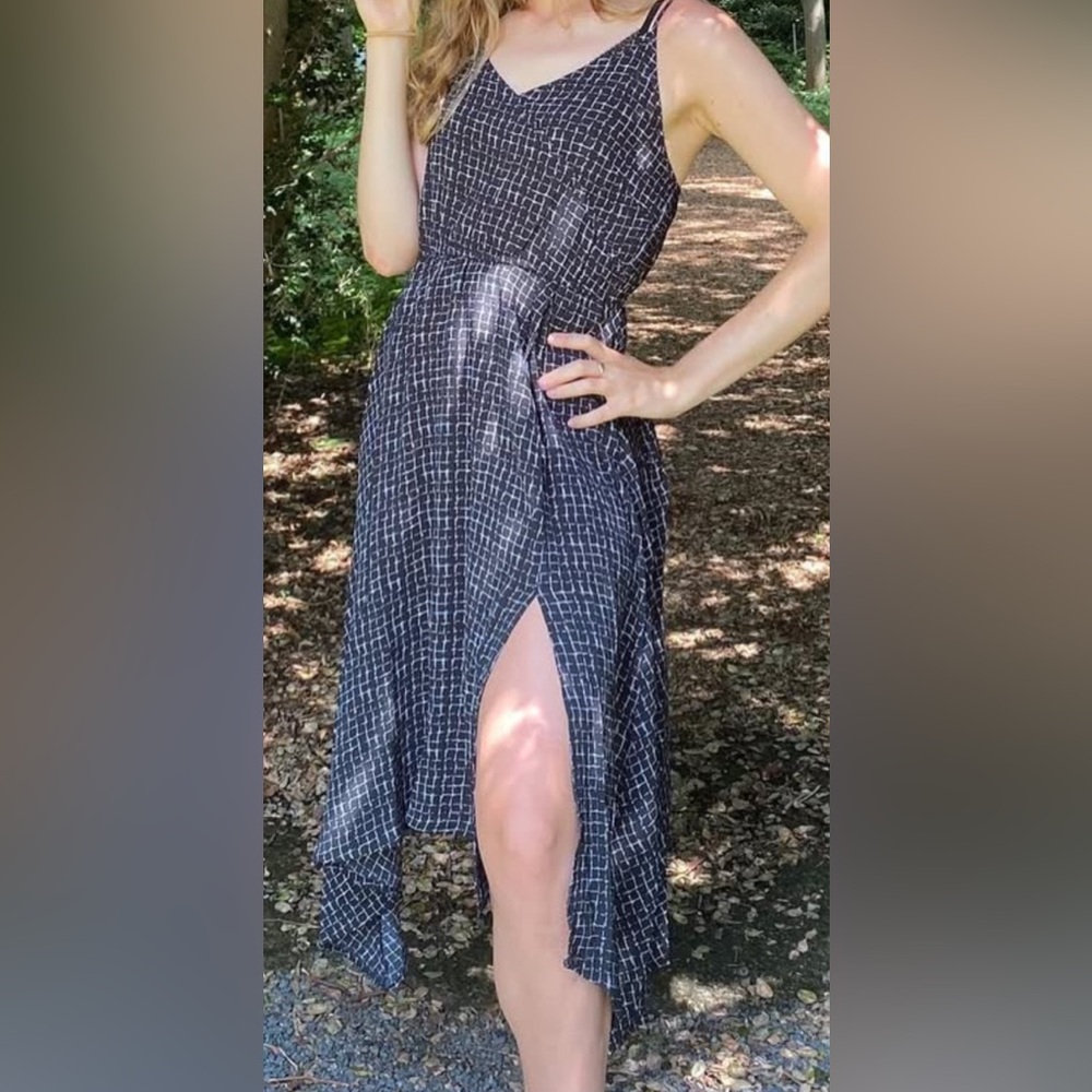 Cute black & white dress, asymmetrical hem, adjustable spaghetti strap, v neck